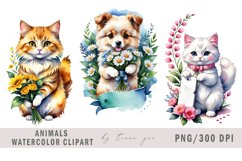 Cute dog and cat with flower bouquet clipart- 3 PNG Product Image 1