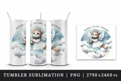 Watercolor cat angel wings Christmas bell Heavenly Holiday quote print 20 oz tumbler skinny mug wrap clipart t-shirt sublimation printable design