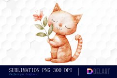 Cat Holding Flower Watercolor Clipart Product Image 1