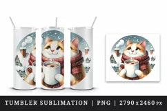 Watercolor cat sipping hot cocoa cozy scarf winter Christmas print 20 oz tumbler skinny mug wrap clipart t-shirt sublimation printable design