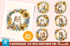 6 Watercolor Cat With Sunflower Wreath Sublimation Bundle Product Image 1