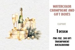 Watercolor Christmas Gifts and Champagne Clipart, PNG Product Image 1