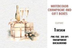 Watercolor Christmas Gifts and Champagne Clipart, PNG Product Image 1