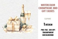 Watercolor Christmas Gifts and Champagne Clipart, PNG Product Image 1