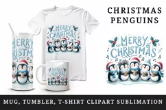 Watercolor charming penguins singing carols Merry Christmas quote print 20 oz tumbler skinny mug wrap clipart t-shirt sublimation printable design