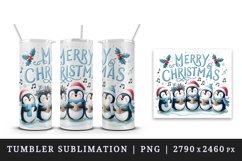 Watercolor charming penguins singing carols Merry Christmas quote print 20 oz tumbler skinny mug wrap clipart t-shirt sublimation printable design