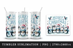Watercolor charming penguins singing carols Merry Christmas quote print 20 oz tumbler skinny mug wrap clipart t-shirt sublimation printable design