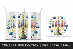 Watercolor cheerful menorah colorful candles stars around it round print 20 oz tumbler skinny mug wrap clipart t-shirt sublimation printable design