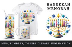 Watercolor cheerful menorah colorful candles stars around it round print 20 oz tumbler skinny mug wrap clipart t-shirt sublimation printable design