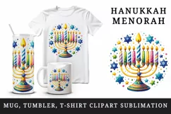 Watercolor cheerful menorah colorful candles stars around it round print 20 oz tumbler skinny mug wrap clipart t-shirt sublimation printable design