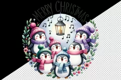 Watercolor cheerful penguins singing carols Merry Christmas quote print 20 oz tumbler skinny mug wrap clipart t-shirt sublimation printable design