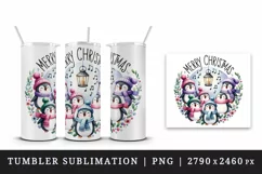 Watercolor cheerful penguins singing carols Merry Christmas quote print 20 oz tumbler skinny mug wrap clipart t-shirt sublimation printable design