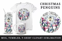 Watercolor cheerful penguins singing carols Merry Christmas quote print 20 oz tumbler skinny mug wrap clipart t-shirt sublimation printable design
