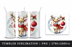 Watercolor cheerful reindeer wearing red scarf Merry Christmas quote print 20 oz tumbler skinny mug wrap clipart t-shirt sublimation printable design