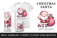 Watercolor cheerful Santa Claus big bag gifts Happy Holidays quote print 20 oz tumbler skinny mug wrap clipart t-shirt sublimation printable design