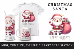 Watercolor cheerful Santa Claus big bag gifts Happy Holidays quote print 20 oz tumbler skinny mug wrap clipart t-shirt sublimation printable design