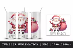 Watercolor cheerful Santa Claus big bag gifts Happy Holidays quote print 20 oz tumbler skinny mug wrap clipart t-shirt sublimation printable design