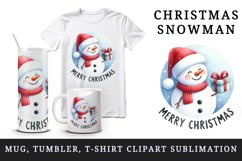Watercolor cheerful snowman holding gift box Merry Christmas quote print 20 oz tumbler skinny mug wrap clipart t-shirt sublimation printable design