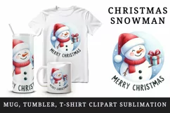 Watercolor cheerful snowman holding gift box Merry Christmas quote print 20 oz tumbler skinny mug wrap clipart t-shirt sublimation printable design
