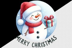Watercolor cheerful snowman holding gift box Merry Christmas quote print 20 oz tumbler skinny mug wrap clipart t-shirt sublimation printable design