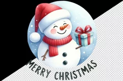 Watercolor cheerful snowman holding gift box Merry Christmas quote print 20 oz tumbler skinny mug wrap clipart t-shirt sublimation printable design