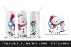 Watercolor cheerful snowman holding gift box Merry Christmas quote print 20 oz tumbler skinny mug wrap clipart t-shirt sublimation printable design