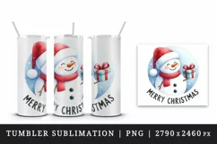 Watercolor cheerful snowman holding gift box Merry Christmas quote print 20 oz tumbler skinny mug wrap clipart t-shirt sublimation printable design