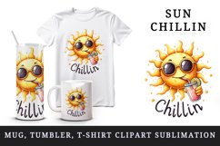 Watercolor cheerful sun sunglasses sipping drink straw Chillin quote print 20 oz tumbler skinny mug wrap clipart t-shirt sublimation printable design