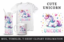 Watercolor cheerful unicorn with sparkles around word Unicorn quote print 20 oz tumbler skinny mug wrap clipart t-shirt sublimation printable design