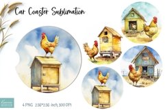 Yellow Chicken on the Chicken Coop| Car Coaster Sublimation Product Image 1