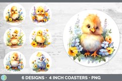 Bundle of six Watercolor Flower Chickens Round Coaster designs.