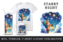 Watercolor child looking up at starry night sky holding glowing lantern print tumbler skinny mug wrap clipart t-shirt sublimation printable design