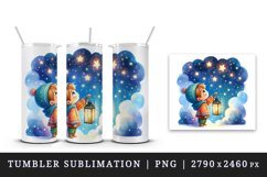 Watercolor child looking up at starry night sky holding glowing lantern print tumbler skinny mug wrap clipart t-shirt sublimation printable design