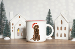 Christmas PNG showing a full-body brown Labrador seated beneath an oversized red Santa hat with a fluffy white trim and pom-pom.