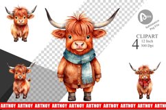 Clipart Watercolor Christmas Highland Cow Product Image 1