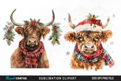 Watercolor Christmas Highland Cow Clipart Product Image 1