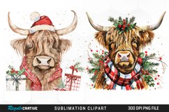 Watercolor Christmas Highland Cow Illustration Clipart Product Image 1