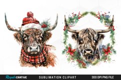 Watercolor Christmas Highland Cow Clipart Product Image 1
