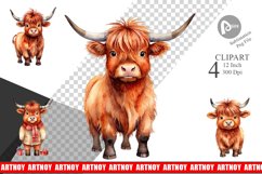 Clipart Watercolor Christmas Highland Cow Product Image 1