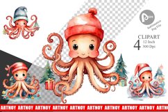 Clipart Watercolor Christmas Octopus Product Image 1