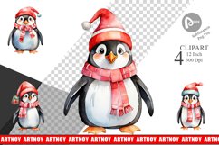 Clipart Watercolor Christmas Penguin Product Image 1