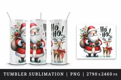 Watercolor Christmas Santa Claus gift sack reindeer Ho Ho quote print 20 oz tumbler skinny mug wrap clipart t-shirt sublimation printable design