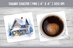 Watercolor Square Coaster Sublimation Design | Winter House Product Image 1