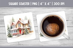Watercolor Square Coaster Sublimation Design | Winter House Product Image 1