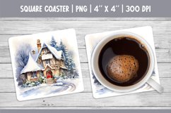 Watercolor Square Coaster Sublimation Design | Winter House Product Image 1