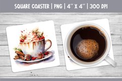 Watercolor Square Coaster Sublimation Design PNG | Hot Cocoa Product Image 1