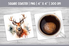 Watercolor Square Coaster Sublimation Design PNG | reindeer Product Image 1