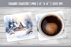 Watercolor Square Coaster Sublimation Design | Winter House Product Image 1
