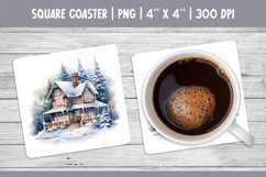 Watercolor Square Coaster Sublimation Design | Winter House Product Image 1