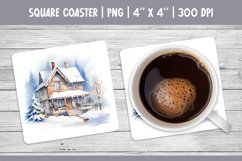Watercolor Square Coaster Sublimation Design | Winter House Product Image 1